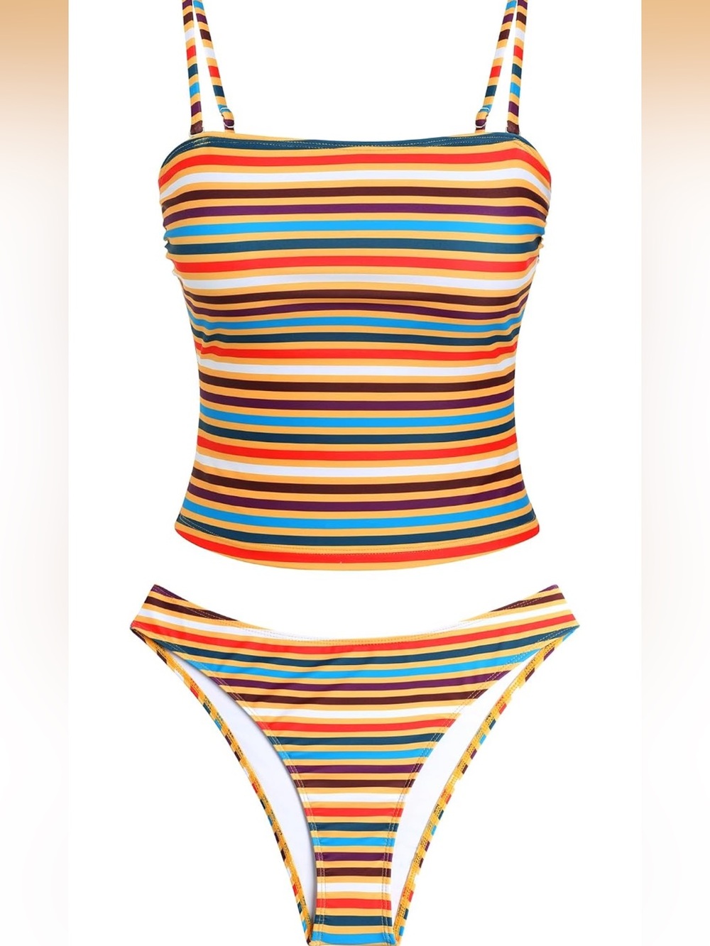 Zaful Multicolor Striped Tankini Bikini Set - Red, Yellow, Blue, Brown, Orange